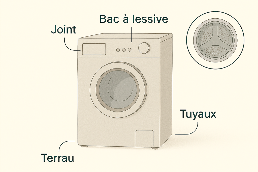 Odeur dans la machine à laver : joint, bac à lessive, tuyaux et tambour – principales causes des mauvaises odeurs.