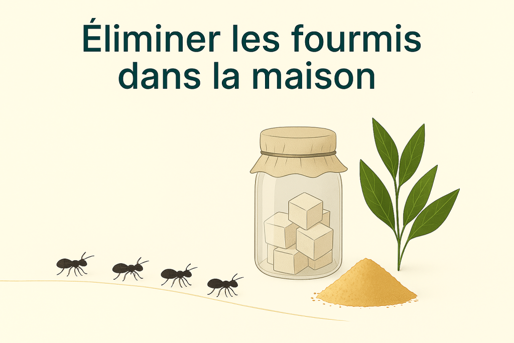 Éliminer les fourmis naturellement dans la maison : poudre répulsive, plantes et appât dans un bocal.