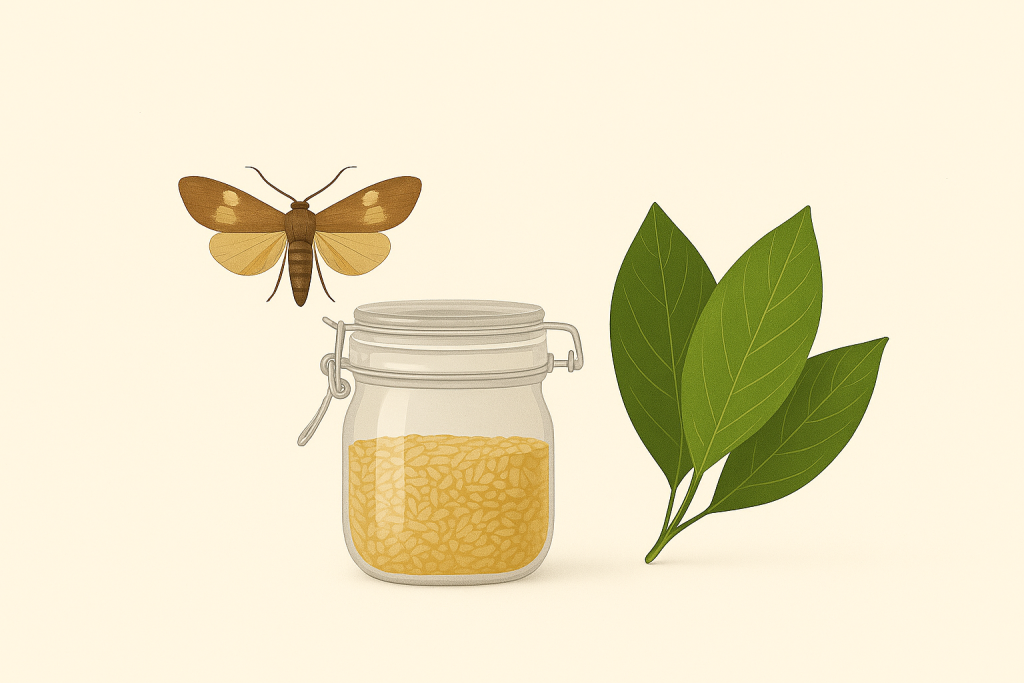 Mites alimentaires : bocal hermétique avec céréales et feuilles de laurier – méthode naturelle de prévention.