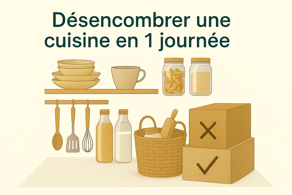 Désencombrer une cuisine en 1 journée : tri, boîtes de rangement, ustensiles et organisation efficace.