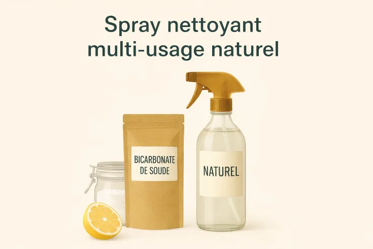 Spray nettoyant multi‑usage naturel avec bouteille réutilisable, bicarbonate de soude et citron sur fond beige.