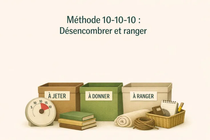 Méthode 10‑10‑10 illustrée avec trois bacs “à jeter, à donner, à ranger”, un minuteur et des objets de rangement sur fond beige.