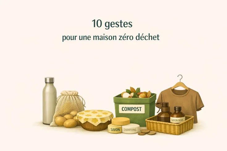 Illustration zéro déchet avec gourde réutilisable, sacs en vrac, bee-wrap, compost, savons solides et vêtements durables sur fond beige. 