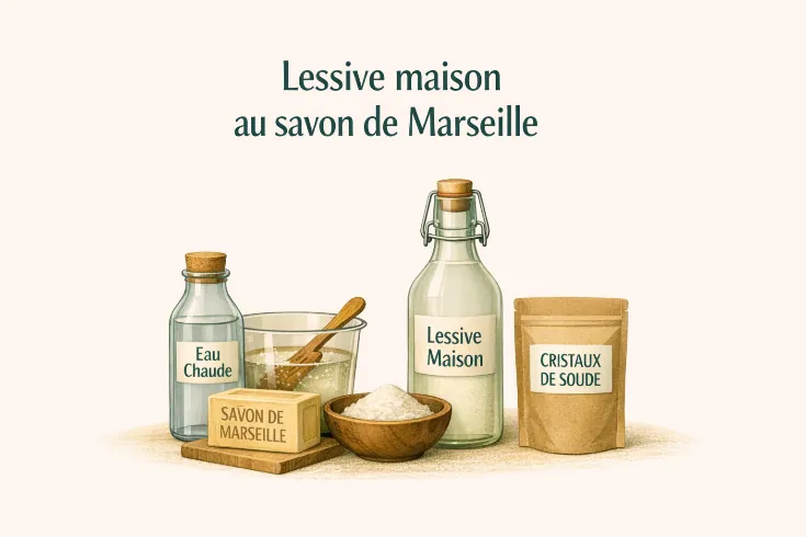 Ingrédients pour lessive maison : savon de Marseille, eau chaude, cristaux de soude et bocal de lessive naturelle sur fond beige illustré.